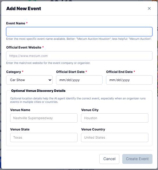Add New Event interface with structured event fields