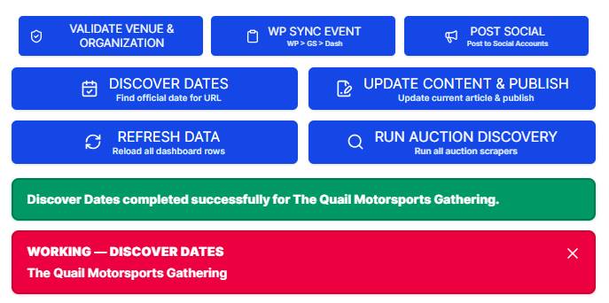 CCC dashboard action buttons with workflow status feedback